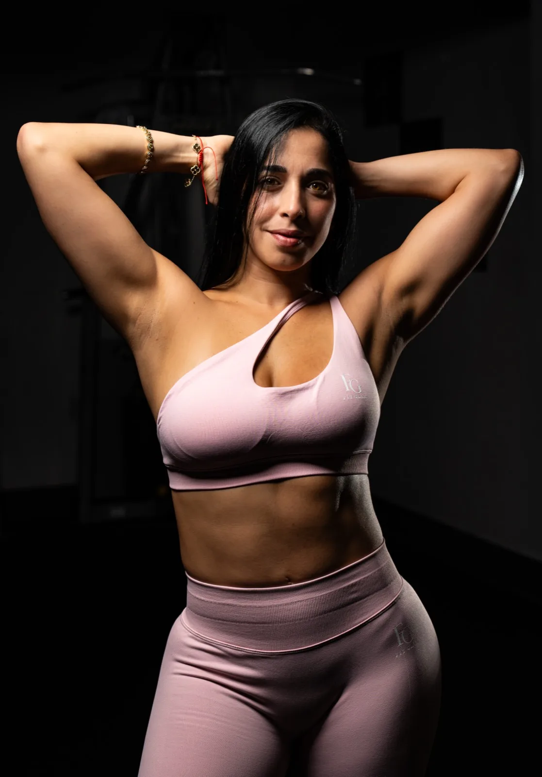 The one-shoulder set in blush, front view