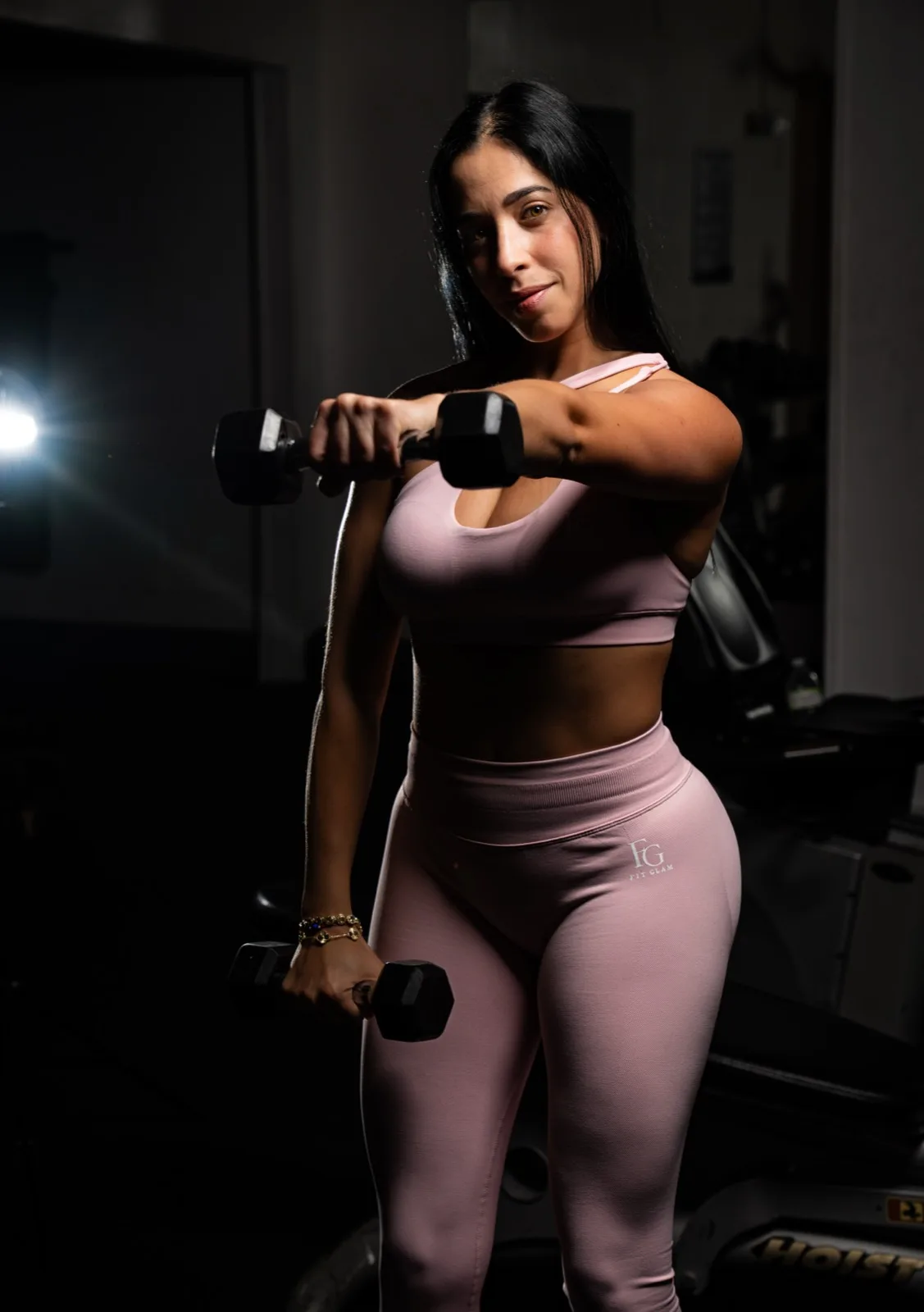 The one-shoulder set in blush, mid-set