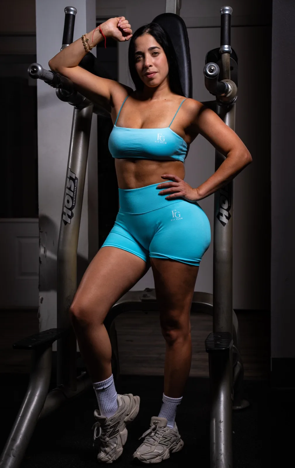 The bra and high-waist short set in aqua